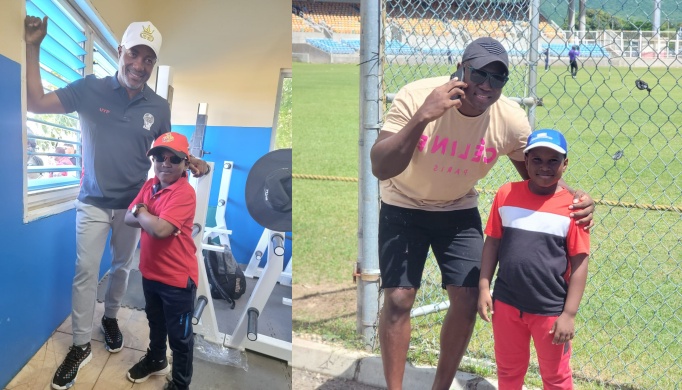 Jathniel Gray with West Indies legend Brian Lara (left) and Rovman Powell