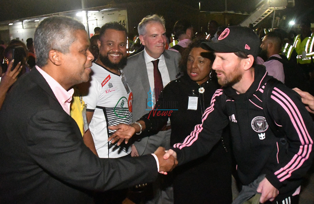 Lionel Messi and Inter Miami FC met with ministry and football officials upon their arrival at the Norman Manley International Airport in Kingston, Jamaica on March 12, 2025. (OH News Photo)