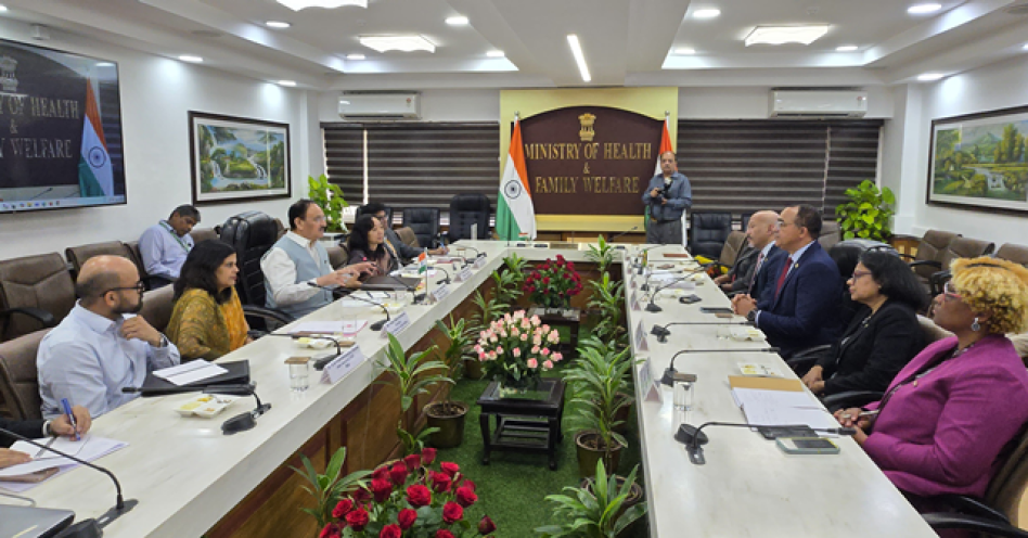Minister of Health and Wellness, Dr. the Hon. Christopher Tufton, MP (third from right) with H.E. Shri Jagat Prakash Nadda (third from left), Minister of Health and Family Welfare, India with their respective ministry teams in talks on Tuesday, April 9, 2025.