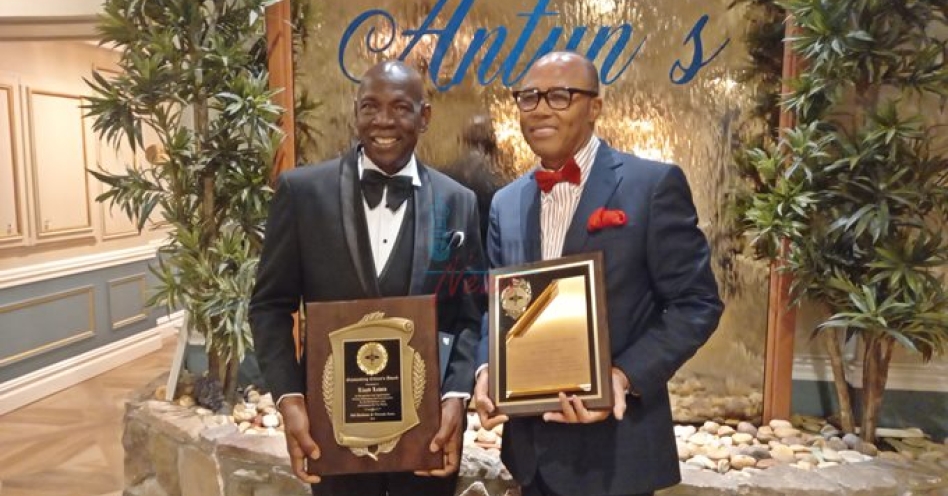 Lloyd Lewin (left) and Dr Eric Blake were rightfully celebrated by the Old Harbour and Friends Association (OHFA) at a grand event on Saturday night at Antun’s in Queens, New York. (OH News Photo)