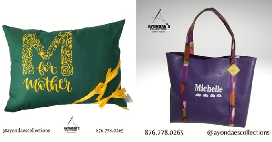 A handbag and cushion made by owner and lead designer of Ayondae’s Collections, Asheka Headley